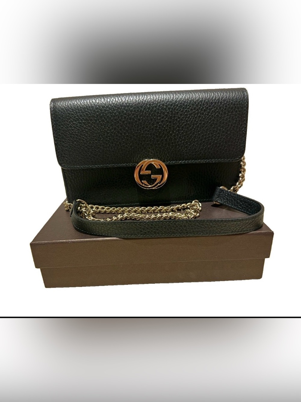 Gucci Black Pebbled Leather Chain Crossbody with Gold GG